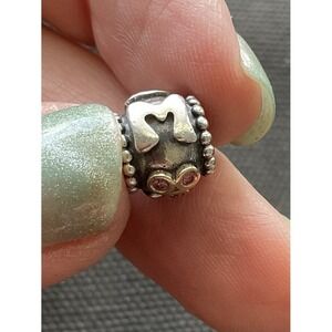 retired Pandora Moments sterling silver & gold Accent " Mom" charm ALE 925
